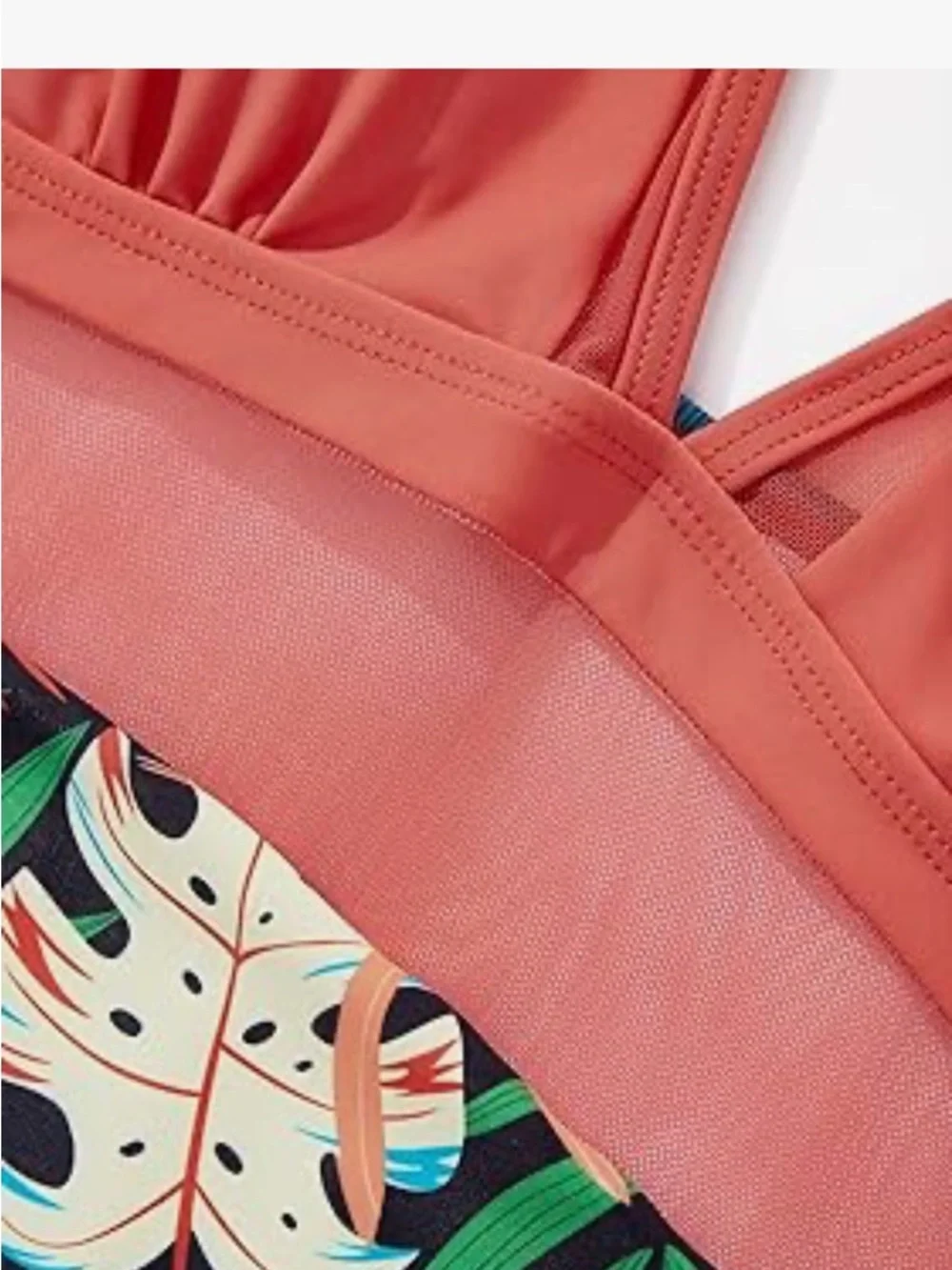 🚘 NWOT High Waist 1-Piece Swimsuit in Coral with Tropical Print mesh middle XXL - Picture 5 of 10